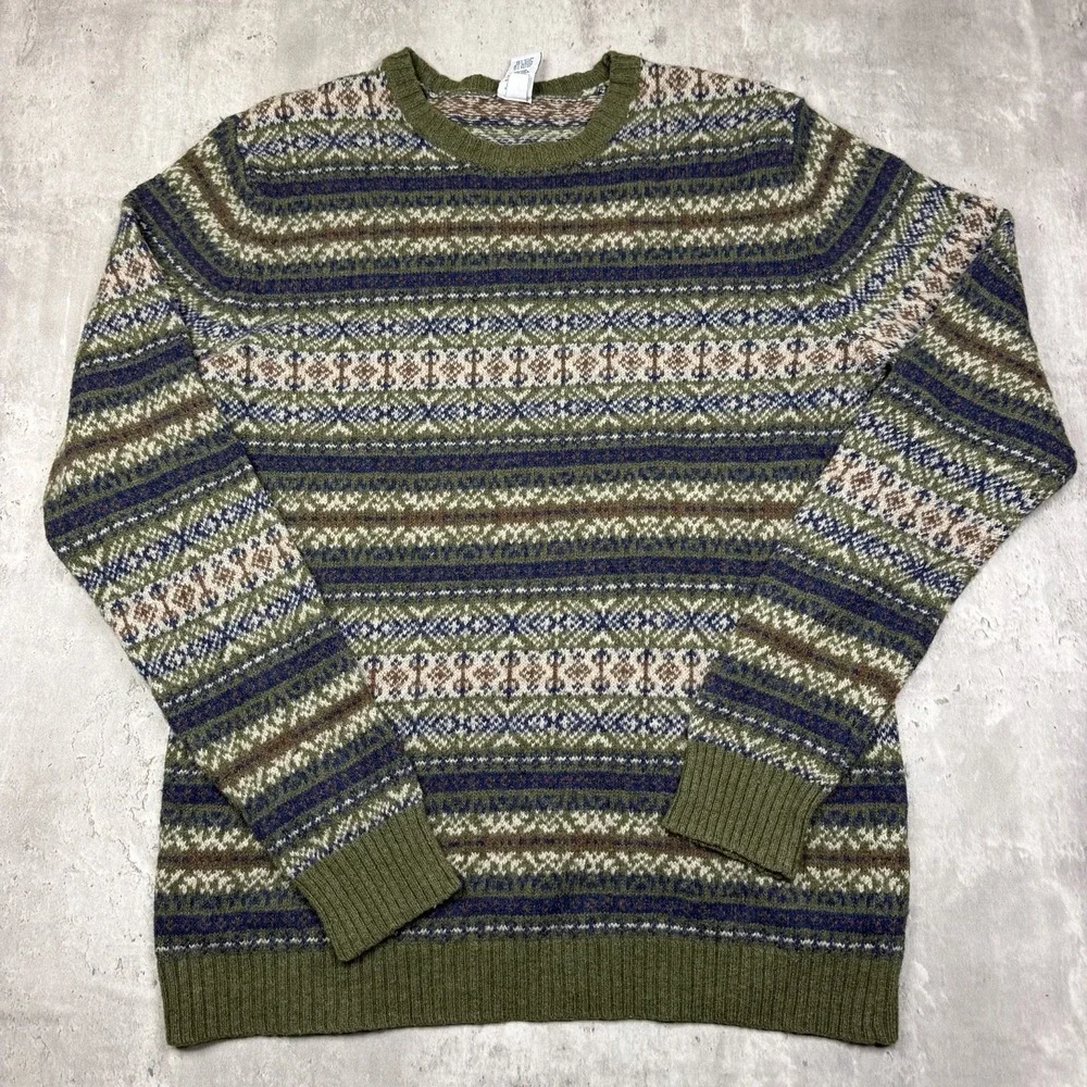 GAP Men's L Wool Blend Fair Isle Nordic Knit Sweater Olive Green Crewneck